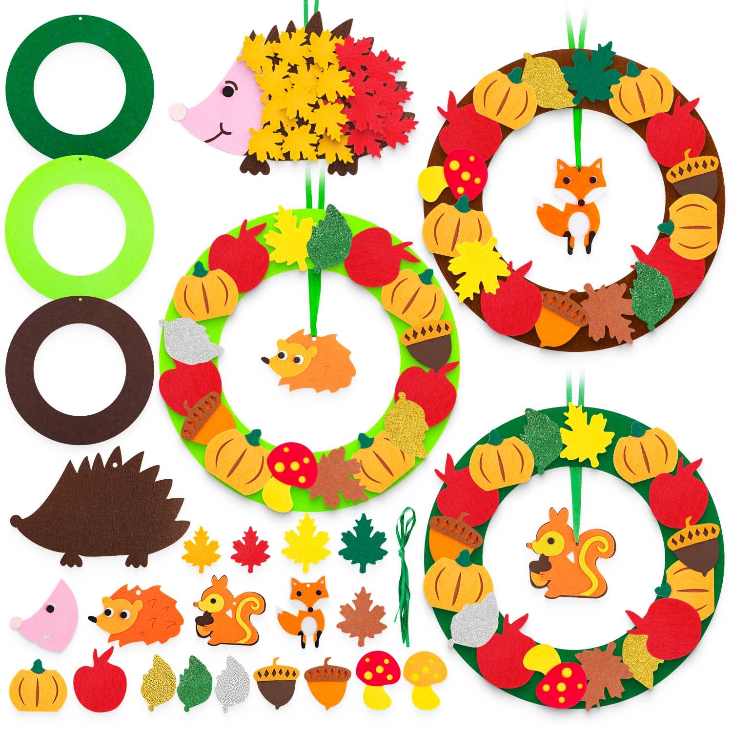 Benjia Autumn Craft Kits for Kids, 4 Pcs Autumn Wreath Craft Kits and Hedgehog Craft Kit, DIY Felt Fall Wreath Ornaments with Pumpkins Maple Leaves Acorns for Halloween Thanksgiving