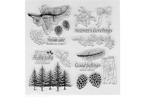 LANGFON Pine Trees Pine Cone Fruit Leaves Bowknot Clear Stamps for Card Making Decoration DIY Scrapbooking, Season Greeting Words Silicone Transparent Seal Stamps for Embossing Album Decor Craft