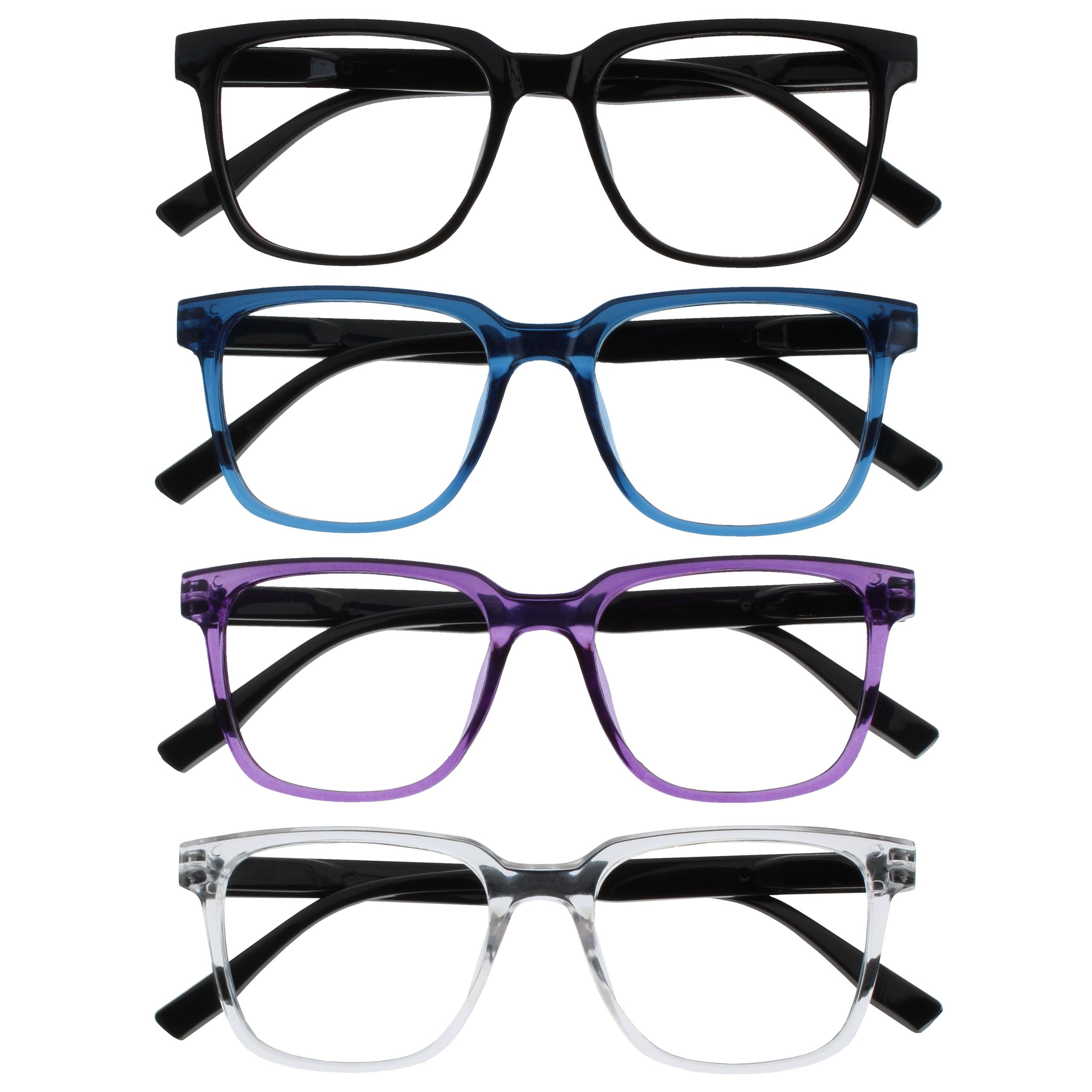 OPULIZE LEO Reading Glasses - 4-Pack - Large Rectangular Frame - Black, Blue, Purple, Clear - Mens Womens - Spring Hinges - RRRR55-135C - +1.00