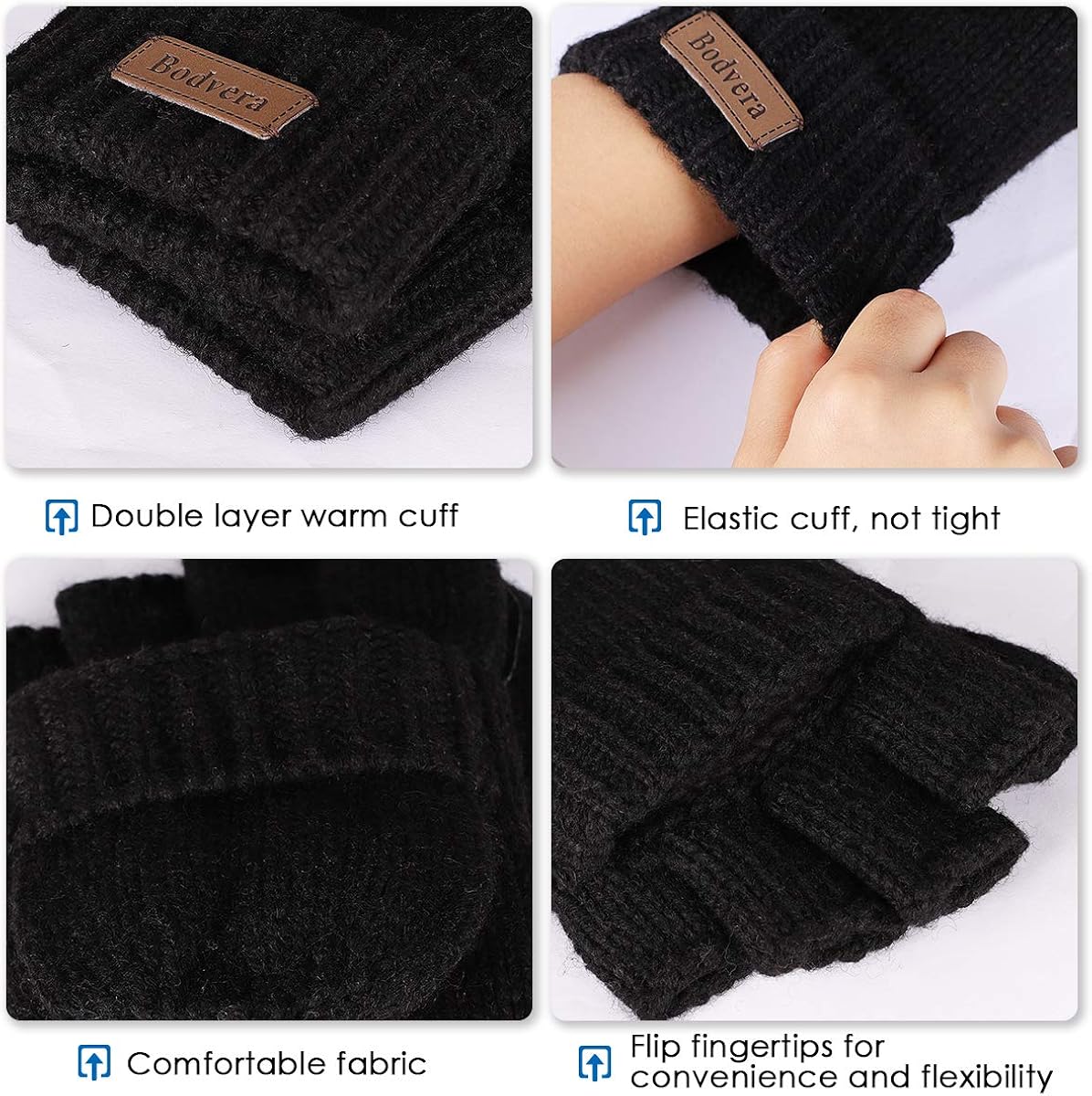 Bodvera Thermal Insulation Fingerless Texting Gloves Unisex Winter Warm Knitted Convertible Mittens with Flap Cover BK at  Women’s Clothing store