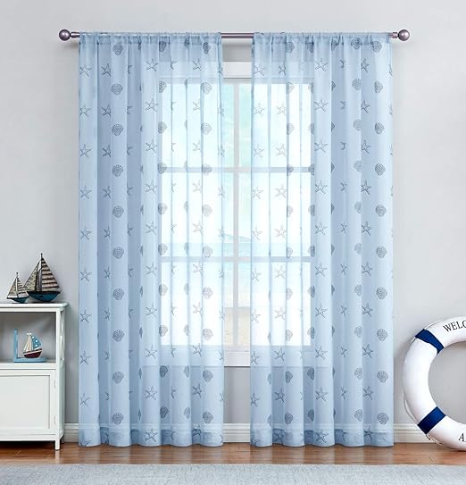 Amazon Com Jinchan Sheer Curtain Blue For Living Room Turqoise 84 Summer Sea Shells Pattern Winow Curtain Set Starfish Flax Textured Curtains Retro Sheers For Bedroom Curtain Panels 2 Panels Furniture Decor