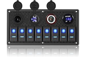 XHTECHNOLOGY Marine Switch Panel,8 Gang Waterproof Rocker Switch Panel,Multi Function Dual USB Slot Socket with Digital Voltmeter,12-24V Pre-Wired Switch Panel for RVs Cars Boats Trucks Trailers(Blue)