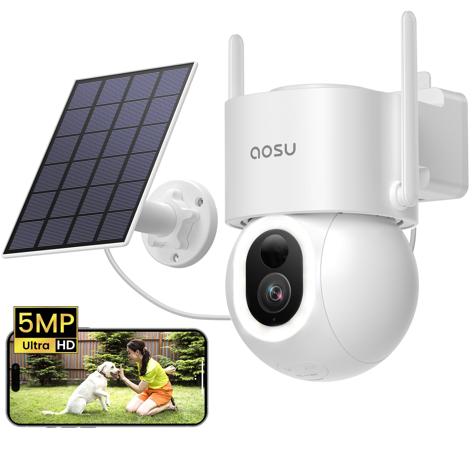 aosu 3K 5MP Security Cameras Outdoor Wireless, Solar Security Camera High Capacity Portable Solar Panel, 360° PTZ 400lm Spotlight, AI Detection of Person Pet Car 2-Way Talk Color Night Vision