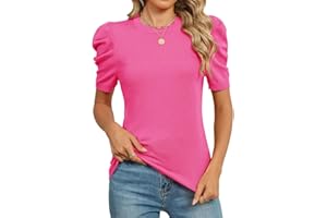 AKEWEI Puff Short Sleeve Sweater for Women Tops Trendy Spring Summer 2025 Business Casual Outfits Knit Crewneck Shirt Blouses