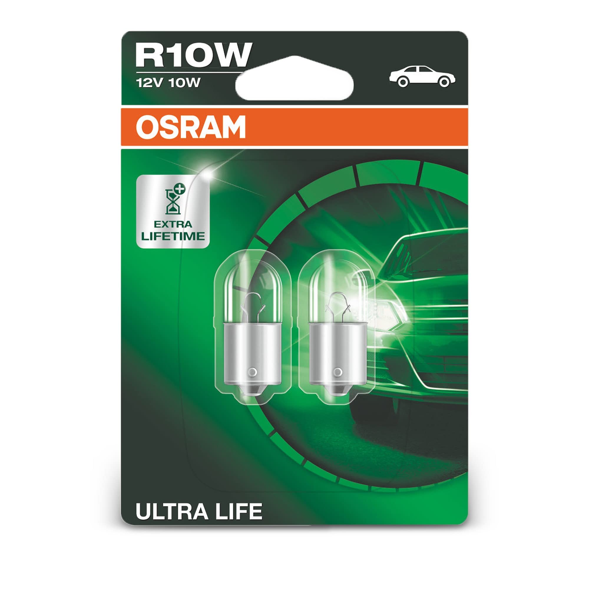 OSRAM ULTRA LIFE R10W halogen tail light, number plate light, parking and position light, 5008ULT-02B, 12 V passenger car, double blister (2 unit)