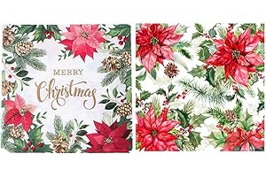 Christmas Poinsettia Paper Napkins 40pcs Square Decorative Guest Towels Poinsettia Hollyberry with Gold Merry Christmas Desig