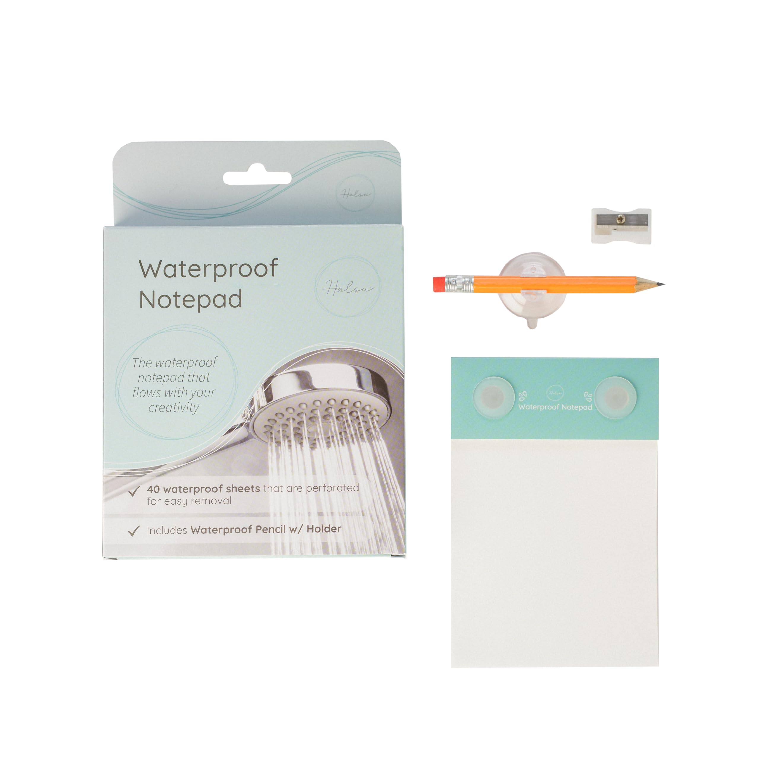 Photo 1 of Halsa Waterproof Shower Notepad with Pencil, Sharpener & Suction Cups –Waterproof Writing – Capture Ideas in the Shower – Ideal for Bathroom, Office, or Travel (40 Sheets)