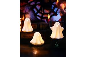 AOMOONOA Ceramic Ghosts Small White Ghost Figurine, 3PCS Light Up Ghost Decor, Small LED Ghost Halloween Decor Spooky Sculptures for Indoor Halloween Party Tabletop Home Shelf Decoration