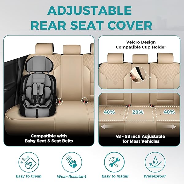 FEINEPRO BEIGE CAR SEAT COVERS FULL SET – BREATHABLE FAUX LEATHER UNIVERSAL 5 SEAT COVERS FOR CARS, AUTOMOTIVE PROTECTOR FIT FOR MOST SEDAN SUV PICK-UP TRUCK