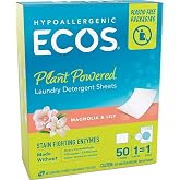 ECOS Laundry Detergent Sheets Vegan, No Plastic Jug, No Mess &amp; Liquid Free - Laundry Sheets in Washer - Hypoallergenic, Plant Powered Laundry Detergent Sheets - Magnolia &amp; Lily - 50 Sheets (Pack of 1)