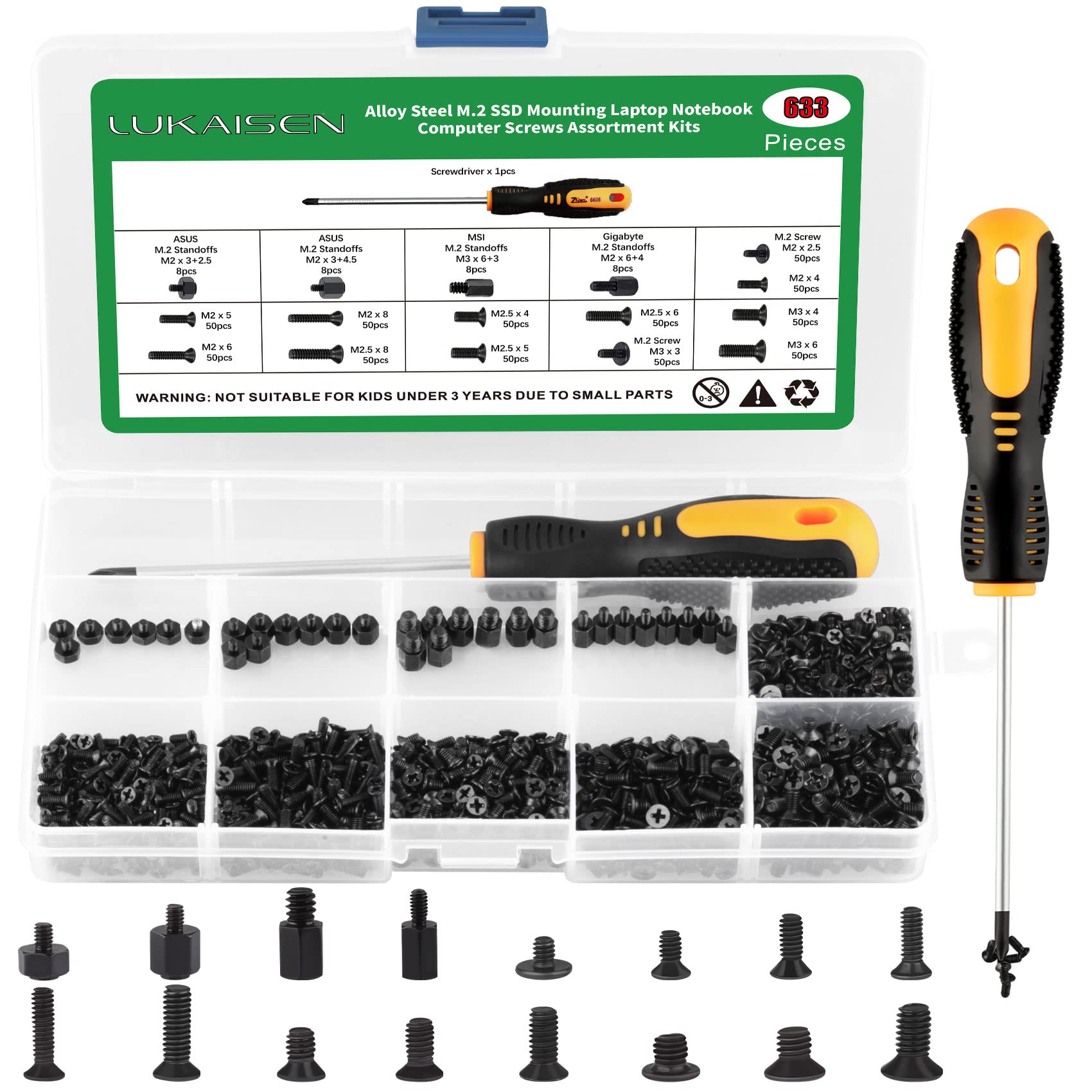 633 PCS PC Screws M.2 Screw Kit， NVMe Screw m.2 SSD Mounting Kit for Asus, Gigabyte, MSI Compatible with IBM/HP-M2 M2.5 M3