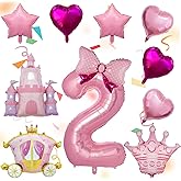 PAKESI 10 Pcs Princess Balloons for Birthday Party, 40 Inch Large Pink Number 2 and Crown Foil Balloons with Castle Carriage Balloon for 2nd Girl Princess Royal Birthday Party