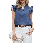 Allegra K Dressy Casual Denim Top for Women's Collared V Neck Ruffled Cap Sleeve Jean Blouse
