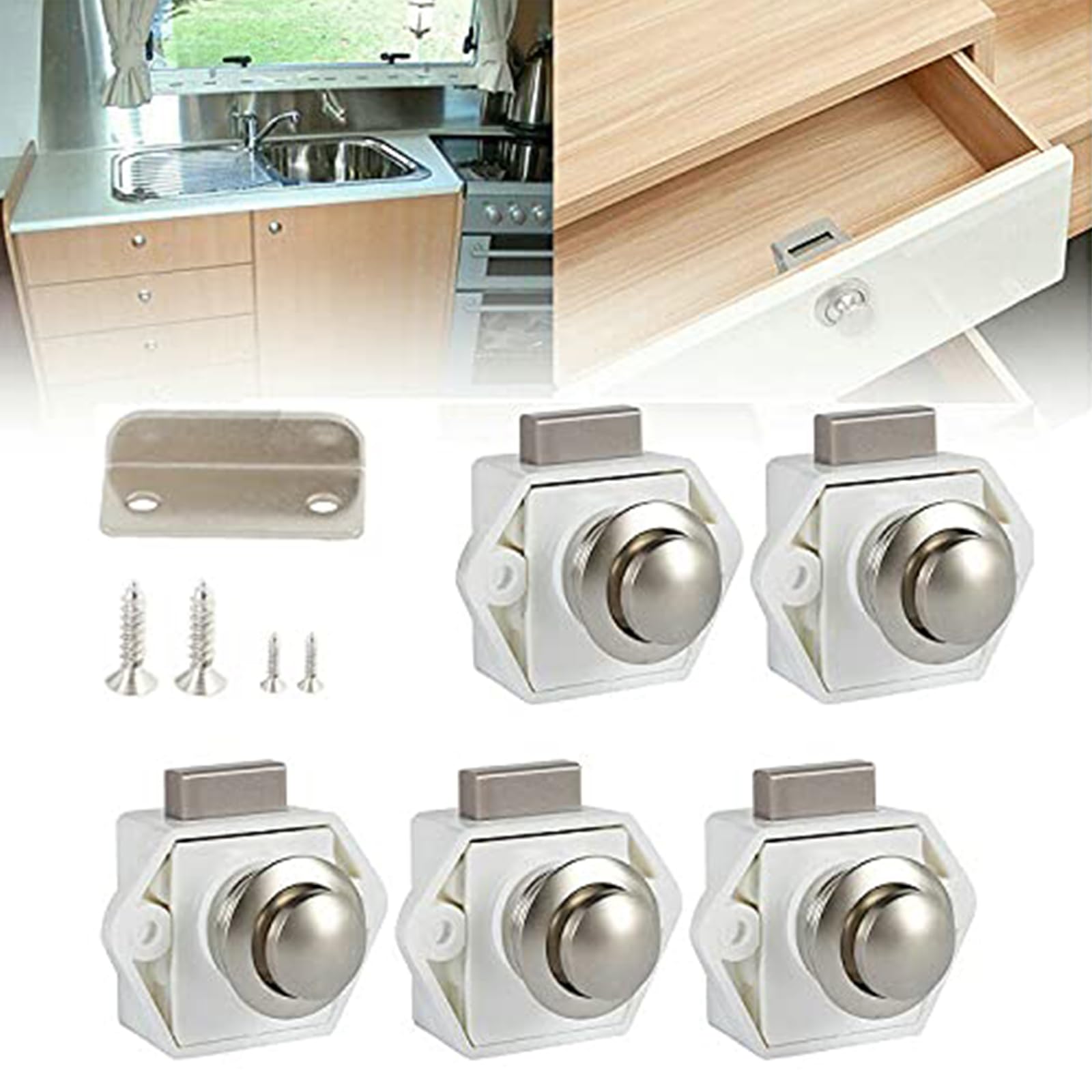 5PCS Push Button Latch Catch Push Door Lock,Keyless Door Lock Pop Up Cupboard Door Knob Latch Chrome for Boat RV Motorhome Caravan Camper Furniture (White)