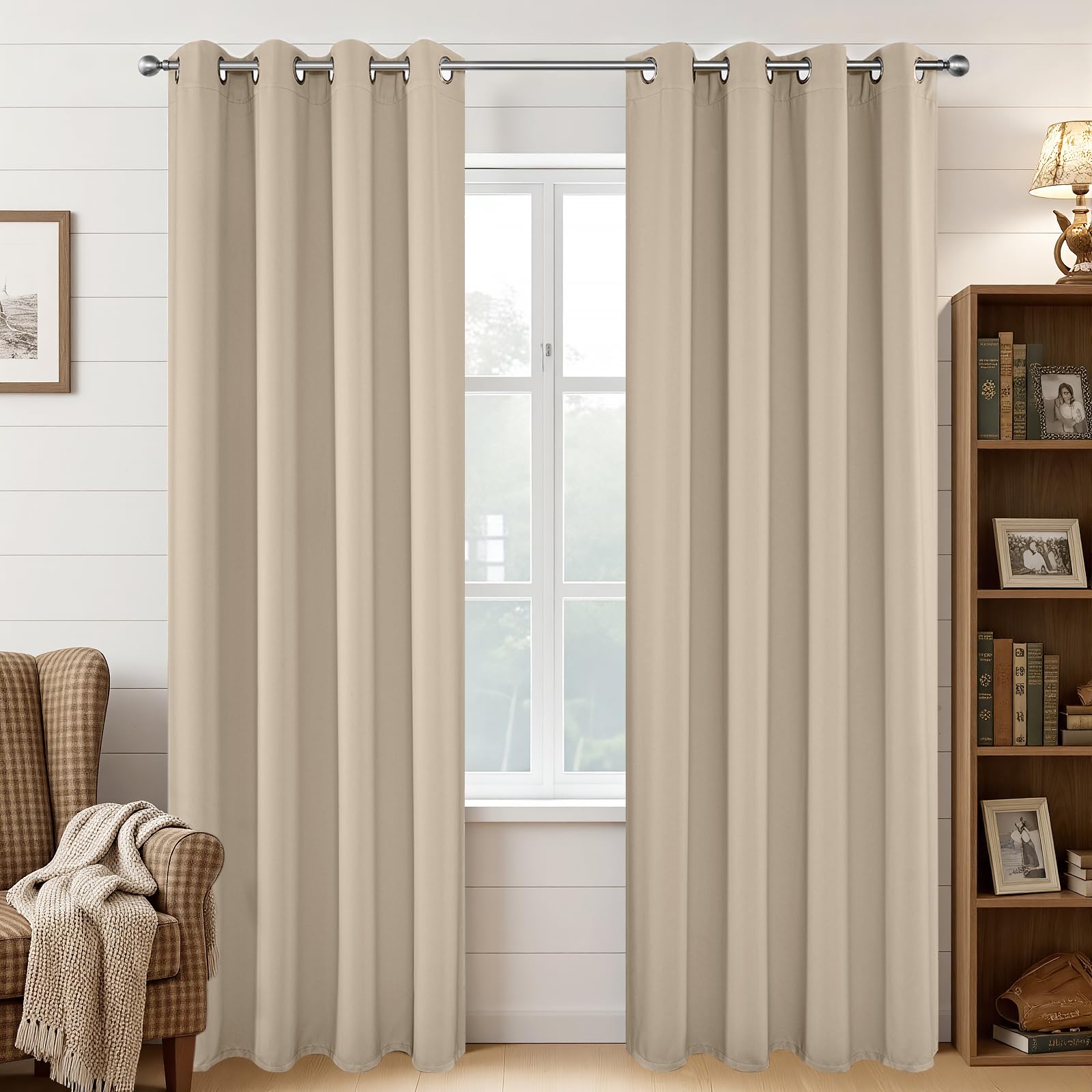 Joydeco Blackout Curtains 95 Inches Long 1 Panel, Thermal Insulated Long Curtains& Drapes 1 Piece, Room Darkening Grommet Drapes for Living Room Bedroom Window (W70 x L95 Inch, Light Beige) Image
