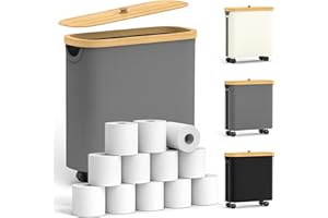 REINHARDT Toilet Paper Storage with Wheel Bamboo Toilet Paper Holder with Lid and Handle Toilet Papers Organizer for Bathroom Free Standing 30L Papers Basket for 9-12 Rolls Bathroom Accessories, Grey