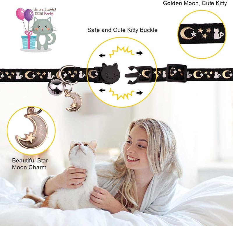 2 colares de gatos com luas de sino, estrelas, colar seguro ajustável para gatinhos com pendente que brilha no escuro (preto e roxo) — foto 4 de 7