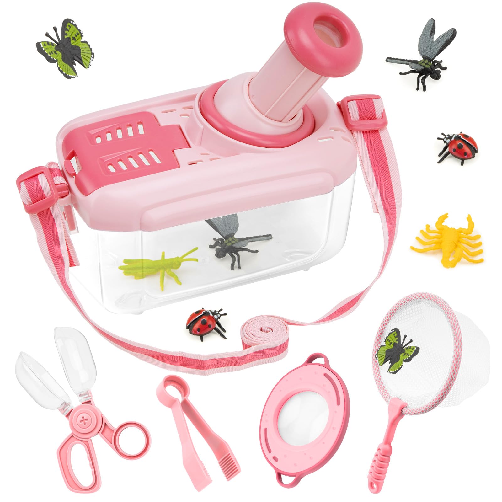 Funsland Bug Hunting Kits for Children - 5 Pcs Kids Bug Catching Kit with 12 Fake Insects, Outdoor Explorer Kit Toys for Toddlers, Educational Toys Gifts for Boys Girls 3 4 5 6 Years Old, Pink
