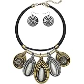 JHWZAIY Chunky African Jewelry Statement Necklace For Women Tribal Fashion Costume Earring Set Unique Rhinestone Crystal Gold Wire Wrapped Big Wood Pendent Collar Choker Bib Handmade