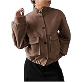 OYOANGLE Women's Button Down Jackets Long Sleeve Mock Neck Loose Casual Coats with Pockets