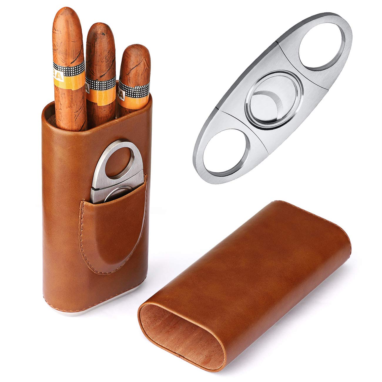M TIME C CLUB Cigar Case Travel 3- Finger Elegant Leather Cigar Case with Cedar Wood Lined Cigar Cutter