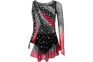 Xnihocha Kids Girls Long Sleeve Figure Ice Skating Dress Round Neck Color Block Dance Leotard Sheer Mesh Skirt