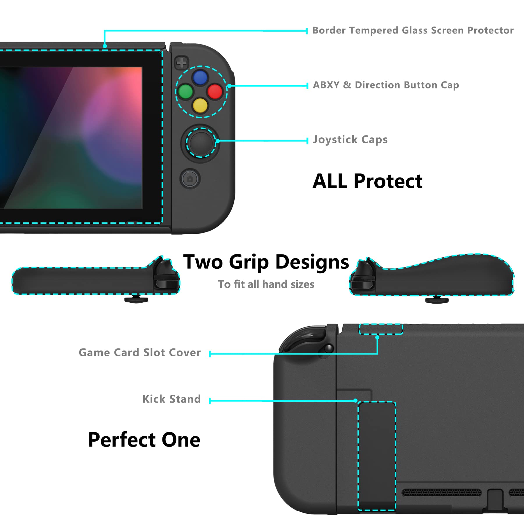 PlayVital AlterGrips Ergonomic Grips Cover for Nintendo Switch, [2 Design] Interchangeable Comfort Dockable Protective Case with Screen Protector & Thumb Grip Buttons Caps - Black