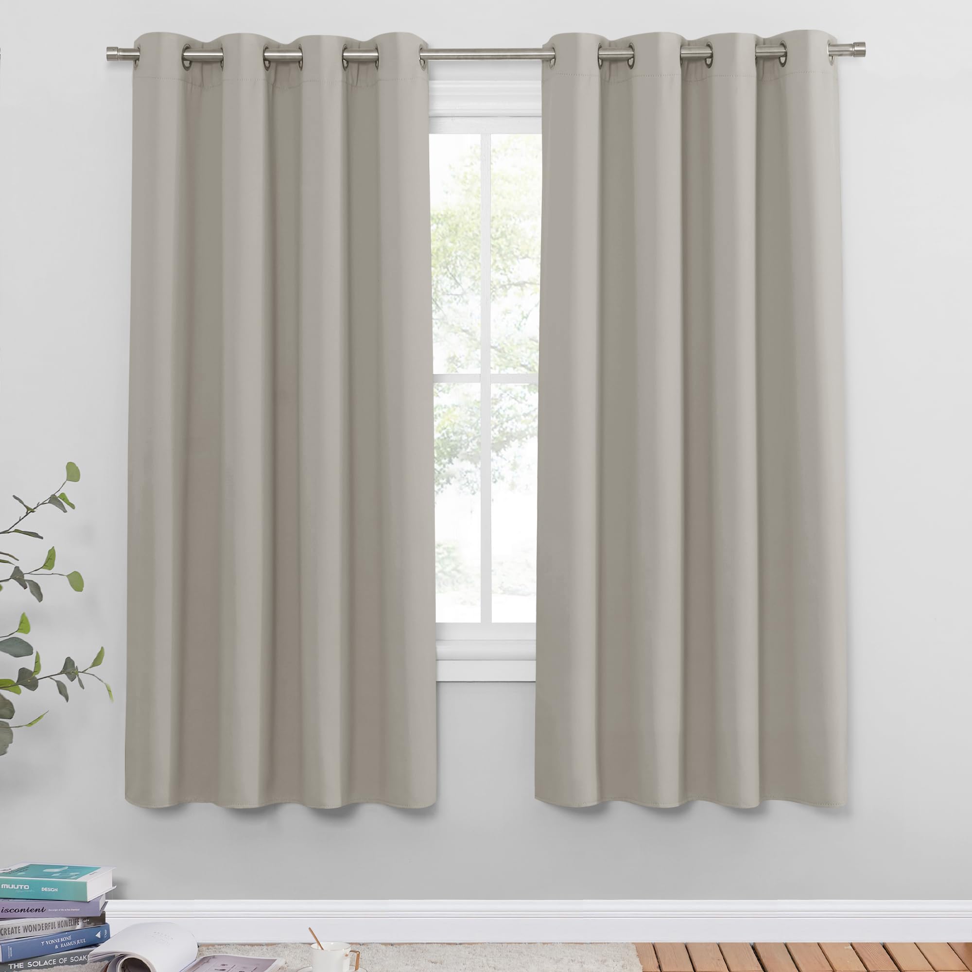 PONY DANCE Natural Thermal Insulated Short Curtains 54 Drop Bedroom Energy Saving Curtains with Eyelet Balance Temperature Panels for Kitchen/Living Room, W52 X L54, 1 Pair, Natural