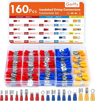 Gorffy 160 Pcs Auto Electrical Spade Fork Ring Crimp Connectors Kit