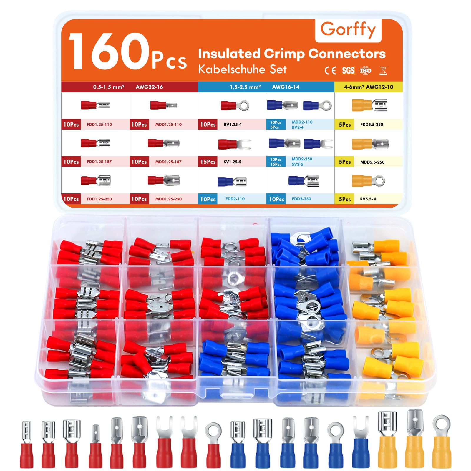 Gorffy Spade Connectors 160 Pcs, Auto Electrical Connector 0.5-6.0mm², Insulated Wire Connectors Crimp, Assorted Male and Female Spade Connector 12V, Fork & Ring Crimp Terminals — image 1