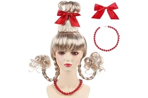 Frojuly Wig Christmas Blonde Wig Adult Women Braided Wigs Girl Cosplay Hair Halloween Xmas Character Who Wig Costume Accessories with Red Bow Necklace