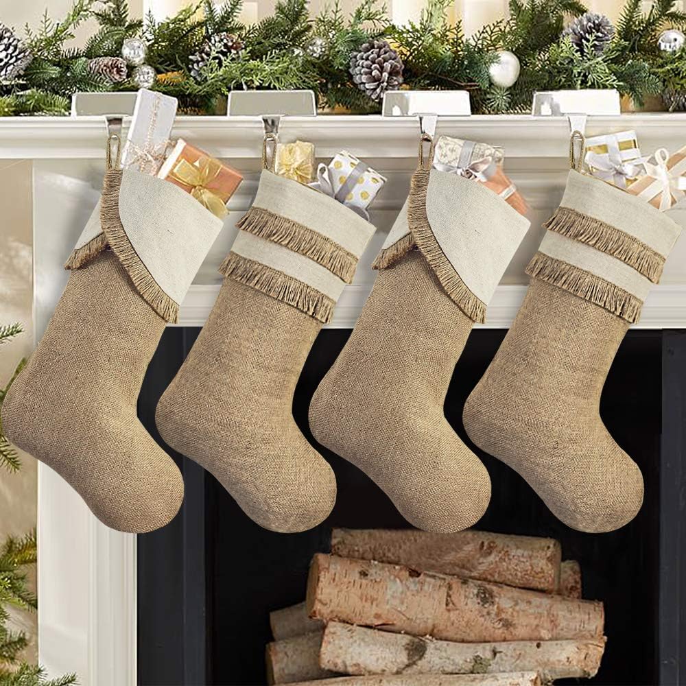 Stockings & Holders - Ivenf Fringed Christmas Stockings, 4 Pack 18 inches Large Original Burlap Stockings with Tassel, for Family Holiday Home Decor Xmas Party Decorations
