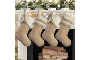 Ivenf Fringed Christmas Stockings, 4 Pack 18 inches Large Original Burlap Stockings with Tassel, for Family Holiday Home Decor Xmas Party Decorations
