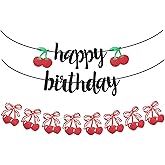 Cherry Happy Birthday Banner Cherry Fruit Hanging Decoration Fun Sweet Party Decoration Red Sparkly Birthday Supplies for Birthday Party Baby Shower