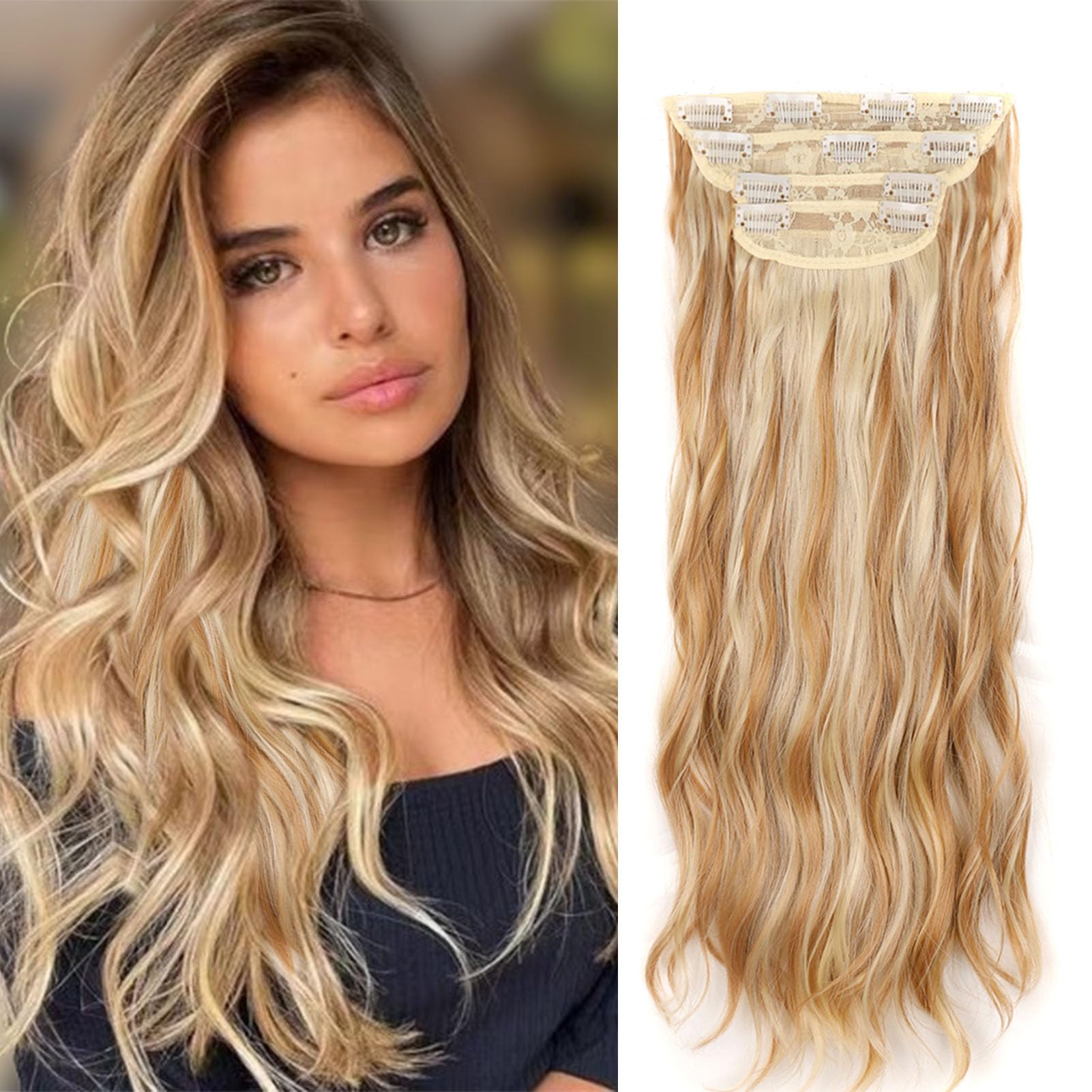 Gairyan Clip in Hair Extensions 4PCS Curly Wavy Long Hair Pieces Full Head Synthetic Hair Extension Thick Natural Look for Women, 22 Inches 180g, Dark Blonde & Bleach Blonde — image 1
