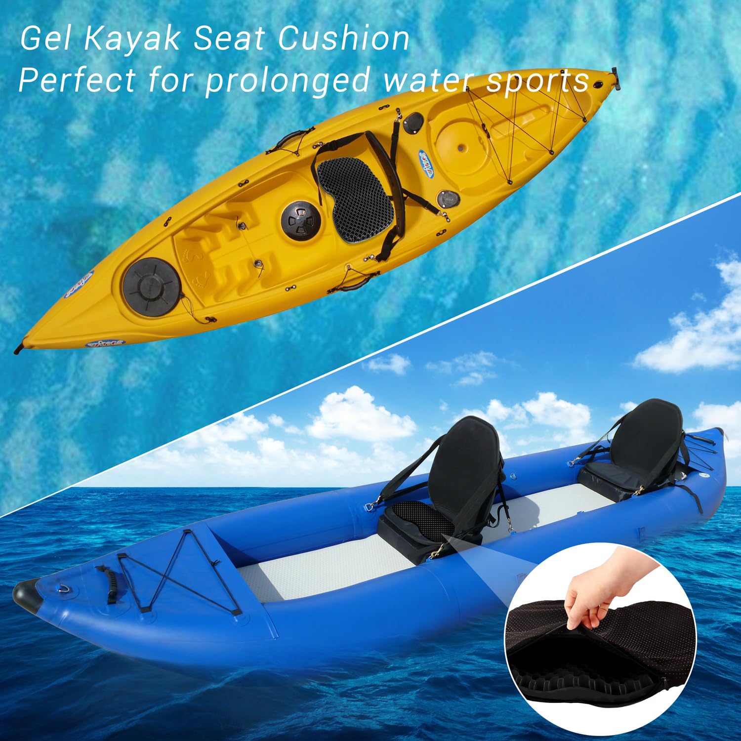 Ouffun Kayak Gel Seat Cushion, Thicken Waterproof Seats Chair Cushions Kayak Seat Pad with Non Slip Cover for Sit in Inflatable Kayak Canoe Kayak Boat Accessories Equipment Gear for Fishing Kayaking