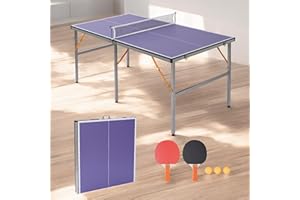 HIMCUP Mid-Size Table Tennis Table, Foldable & Portable Professional Ping Pong Table for Indoor & Outdoor Games with Net, 2 Table Tennis Paddles and 3 Balls,Easy to assemble (6FT, Blue)