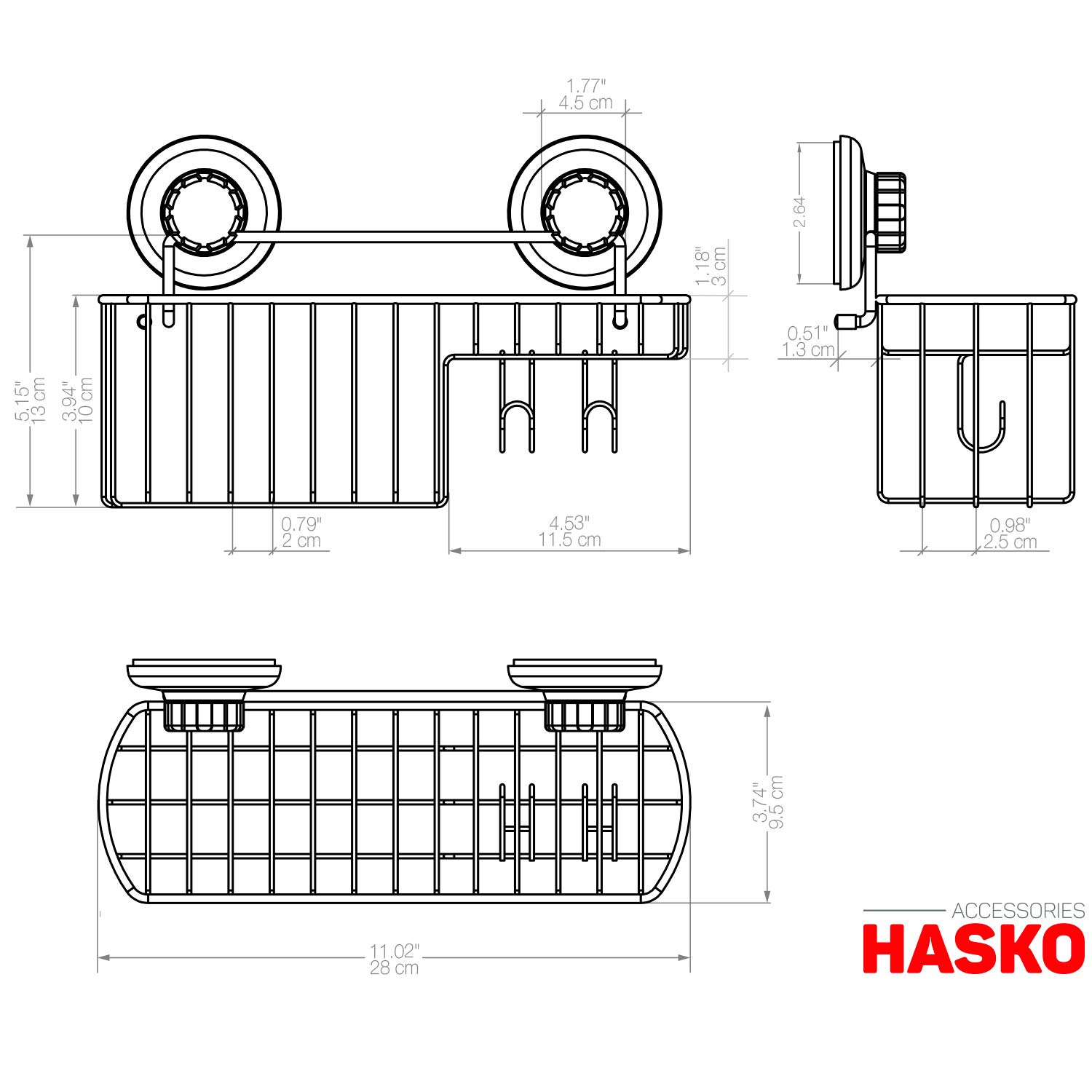 HASKO accessories Vacuum Suction Cup Shower Caddy | Shower Organizer for Shampoo with Hooks | Adhesive 3M Stick Discs | Holder for Bathroom Storage | 304 Polished Stainless Steel