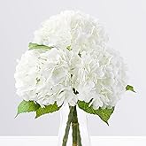 Sherika 22" Real Touch Hydrangea Artificial Flowers, 3Pcs White Full Latex Faux Hydrangea Fake Flowers with Long Stem & Leaves for Home Decor Party Floral Arrangements Centerpieces Wedding Bouquets