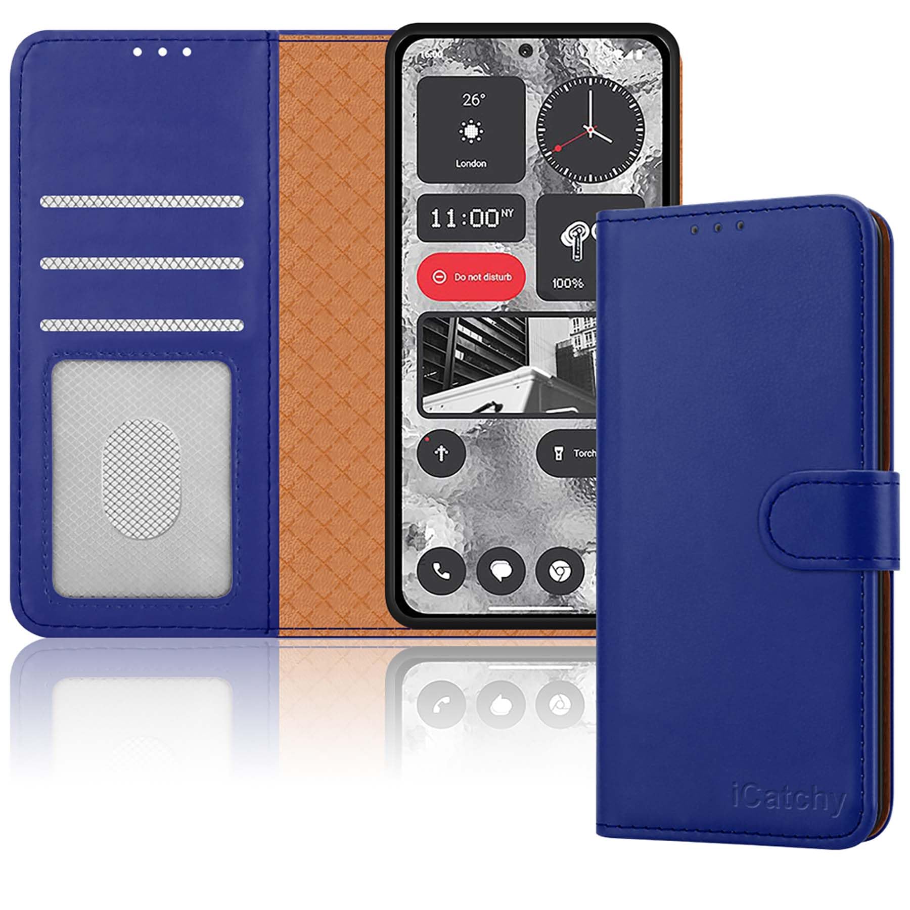 iCatchy for Nothing Phone 2 Case Leather Wallet Book Flip Folio Stand View Magnetic Protect RFID Blocking Cover compatible with Nothing Phone 2 Phone Case (Blue)