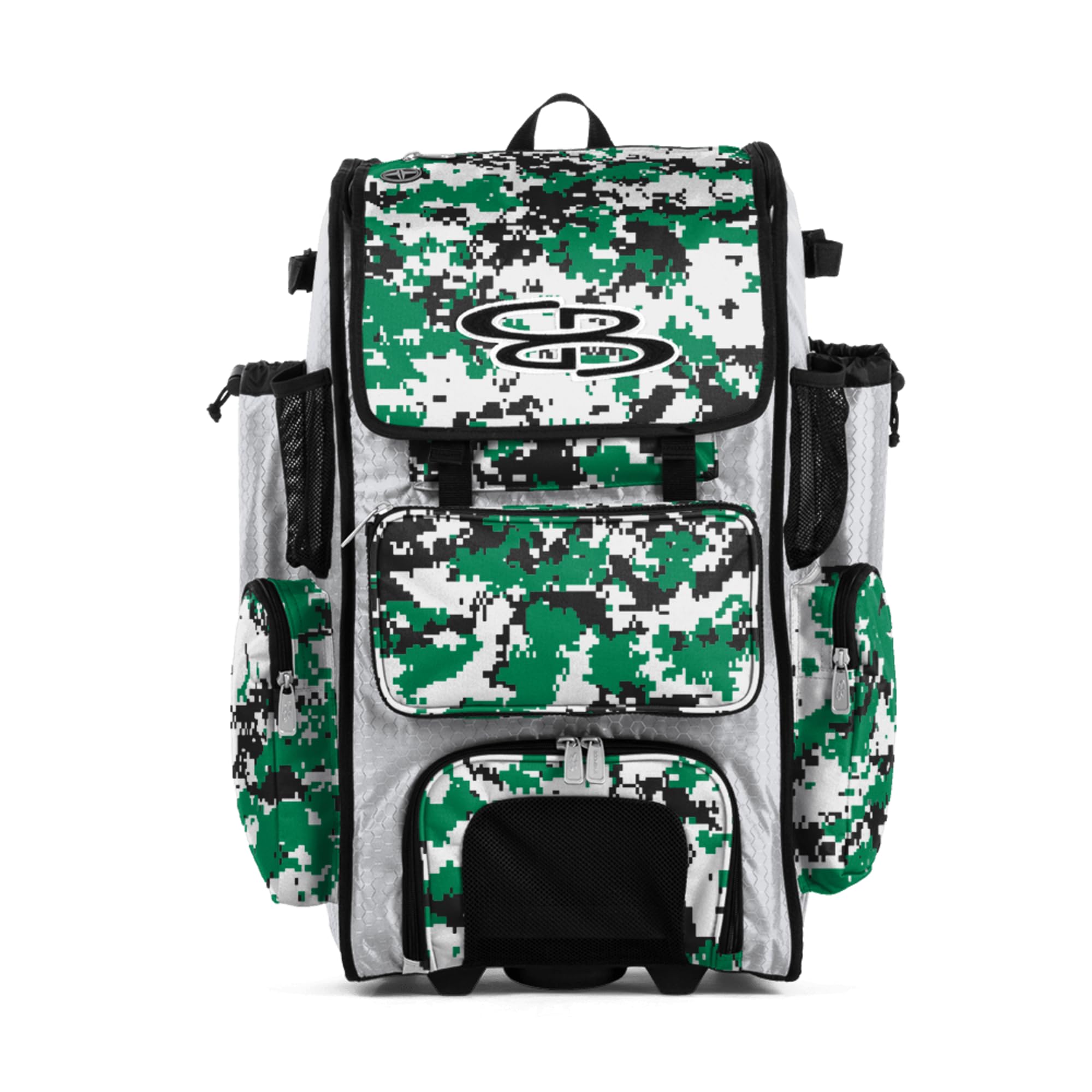 Boombah Rolling Superpack Baseball/Softball Gear Bag - 23-1/2" x 13-1/2" x 9-1/2" - Digital Camo White/Kelly Green - Telescopic Handle - Holds 4 Bats - Wheeled Version Image