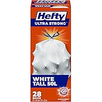 Hefty Garbage Bags, Ultra Strong Tall 50 Litres White Kitchen, Drawstring, Arm & Hammer odour neutralizer, 28 Bags. Fits simp