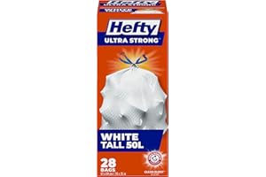 Hefty Garbage Bags, Ultra Strong Tall 50 Litres White Kitchen, Drawstring, Arm & Hammer odour neutralizer, 28 Bags. Fits simp