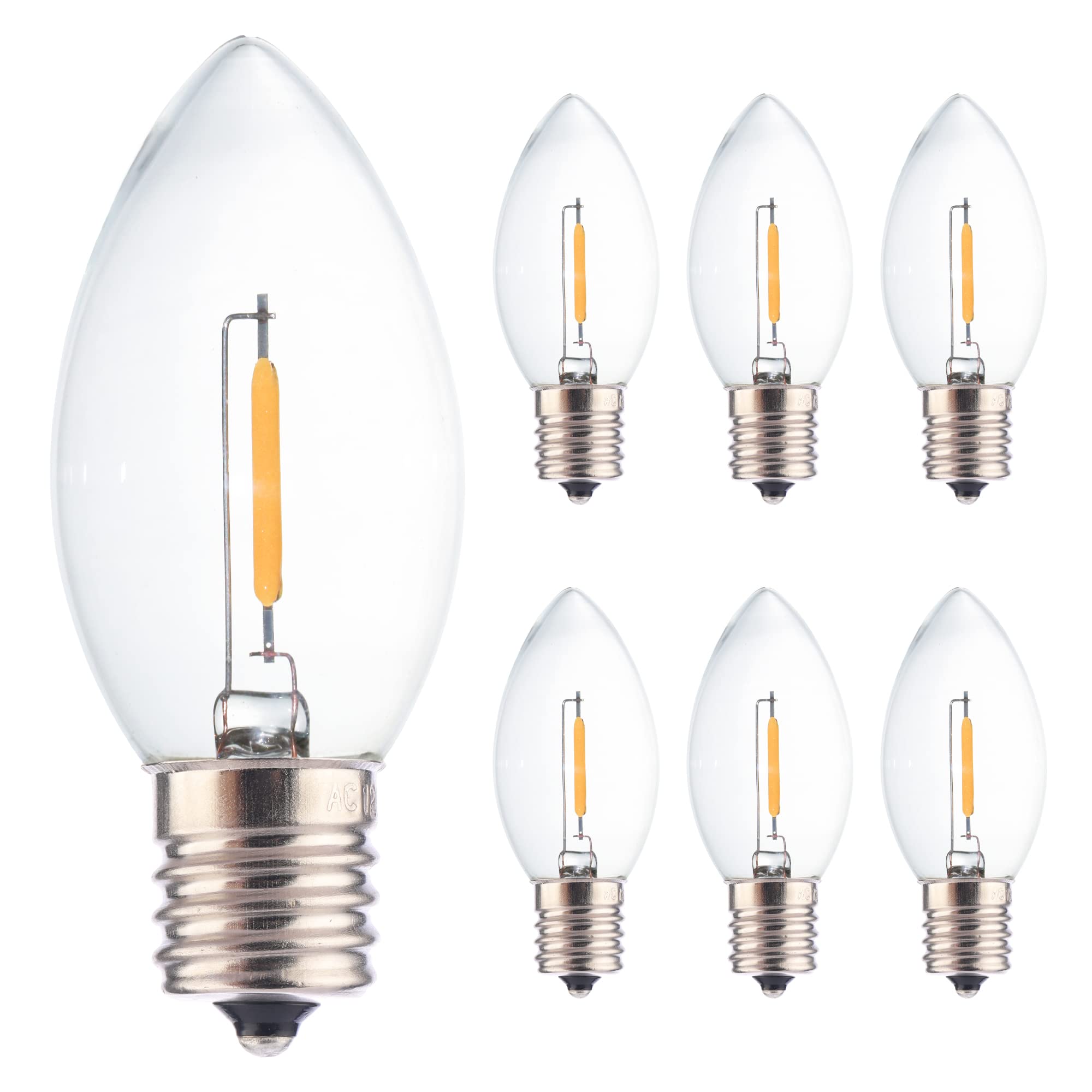 Photo 1 of FANNIS 6 pcs C9 Small LED Bulb Warm White Light 0.5W Equals 5W, Filament Edison Bulb, E17 Candelabra Base Vintage Clear Glass Light Bulb for Night Light String Lights
