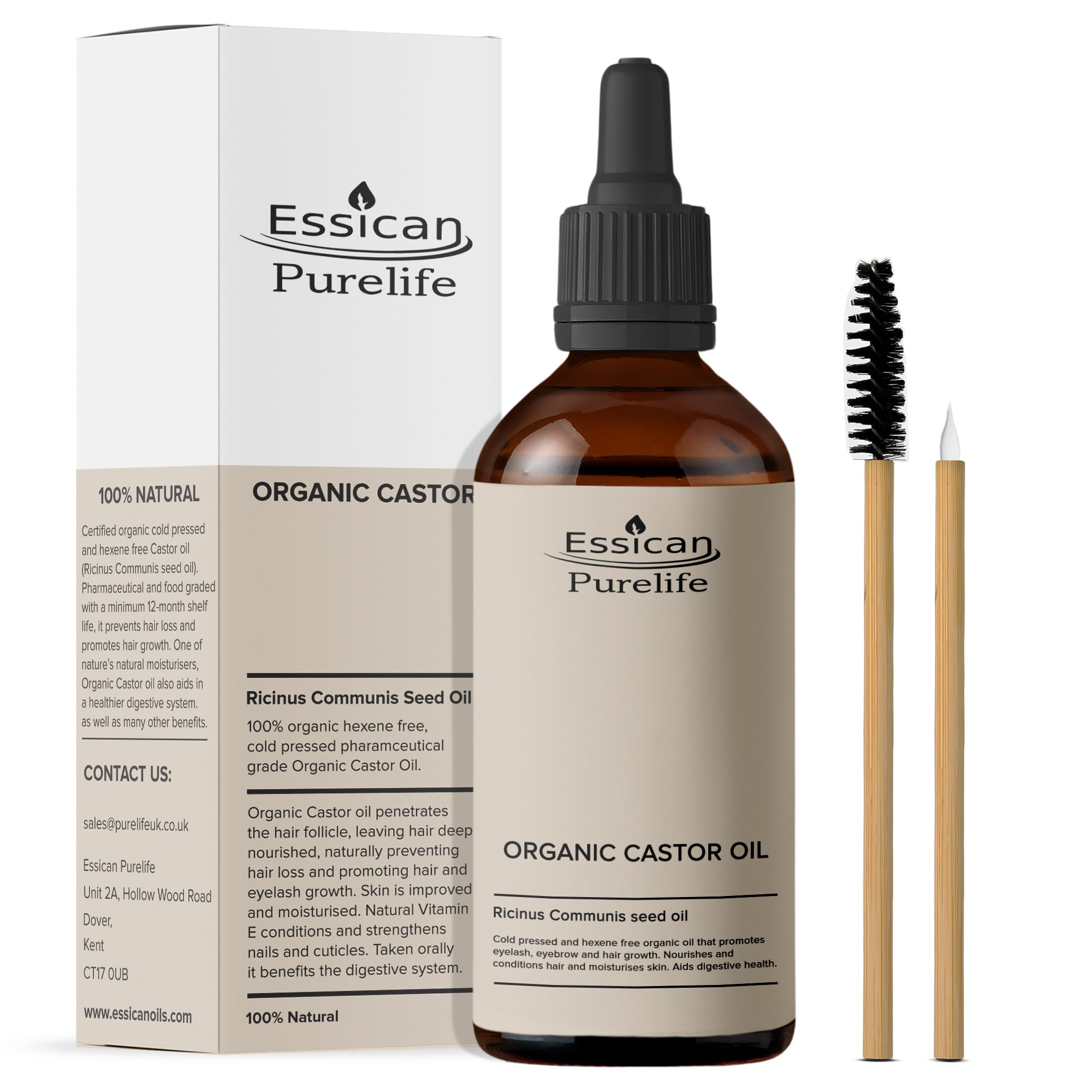 Essican Purelife Organic Castor Oil for Eyelashes 100ml, Fresh & Cold Pressed Castor Oil for Hair Growth, Skin Hydration, Eyebrow Oils Enhancement - Ideal for Body, Beard & Nails, Cruelty-Free