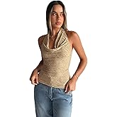 SHENHE Women's Halter Front Draped Backless Cowl Neck Textured Dressy Sexy Plunge Top