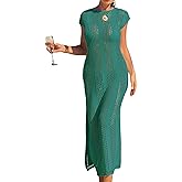 BreathSunny Womens Slim Fit Crochet Knit Swimsuit Coverup Midi Dress Summer 2025 Cap Sleeve Slit Beach Bathing Suit Cover Up