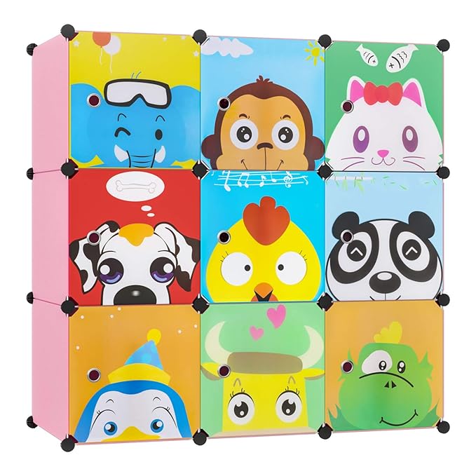 BAMNY Armario Estantería para la Ropa Armario Modular Organizador Infantil con Puertas Perchero para el pasillo, para niños con motivos de animales, rosa