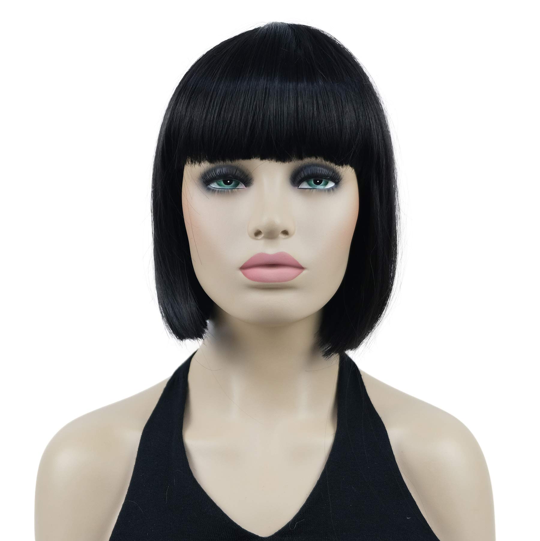 Lydell 8" Short Bob Hair Flat Bangs Cute Central Dot Skin Top Heat Resistant Synthetic Wigs (Natural black)