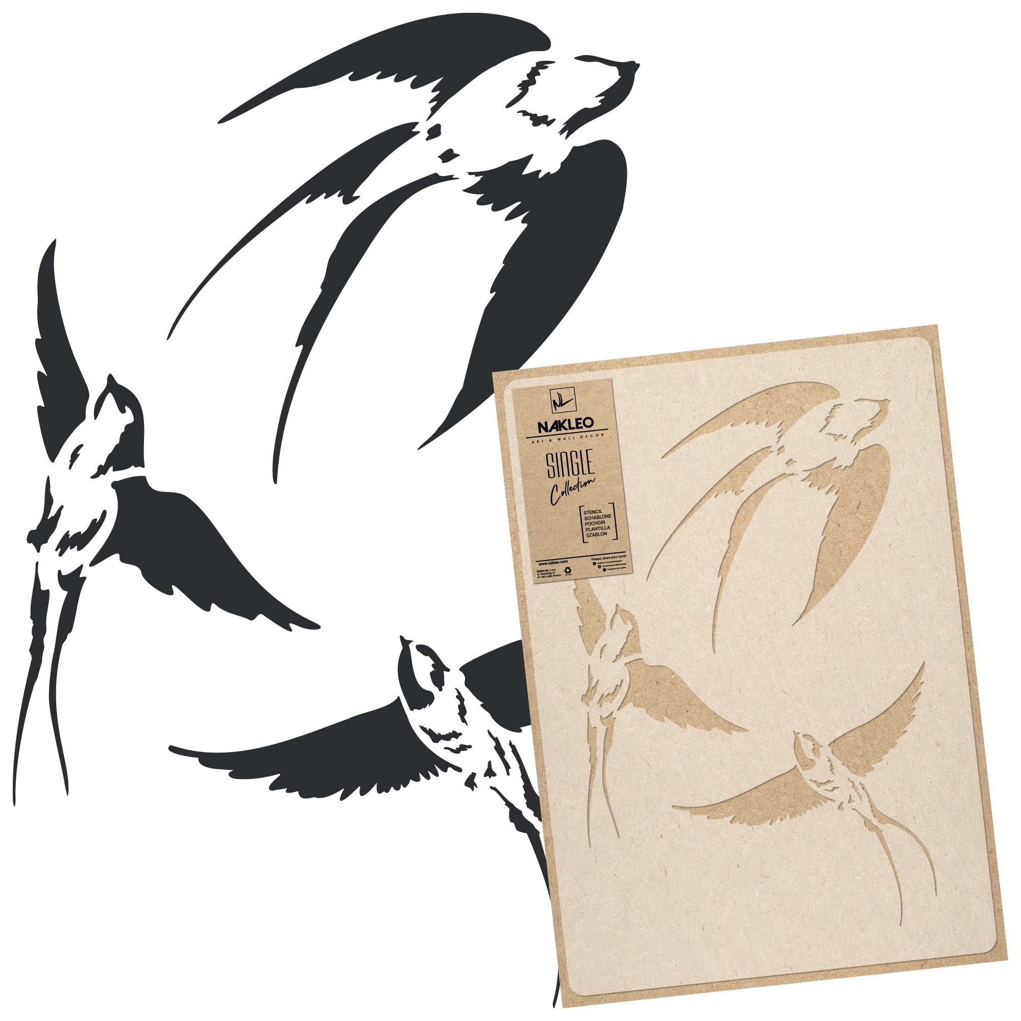NAKLEO Large Wall Painting Stencil 43x64 cm, Swallows Outline Nature Pattern, Reusable Plastic Template, DIY Art and Craft Home Decor, Floor Wood Fabric Furniture